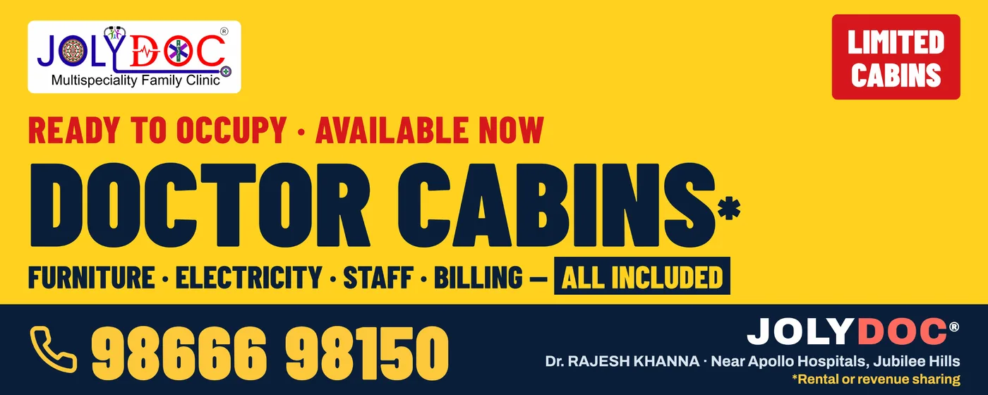 Doctor cabins available now at Jolydoc, Jubilee Hills: furniture, electricity, staff and billing all included
