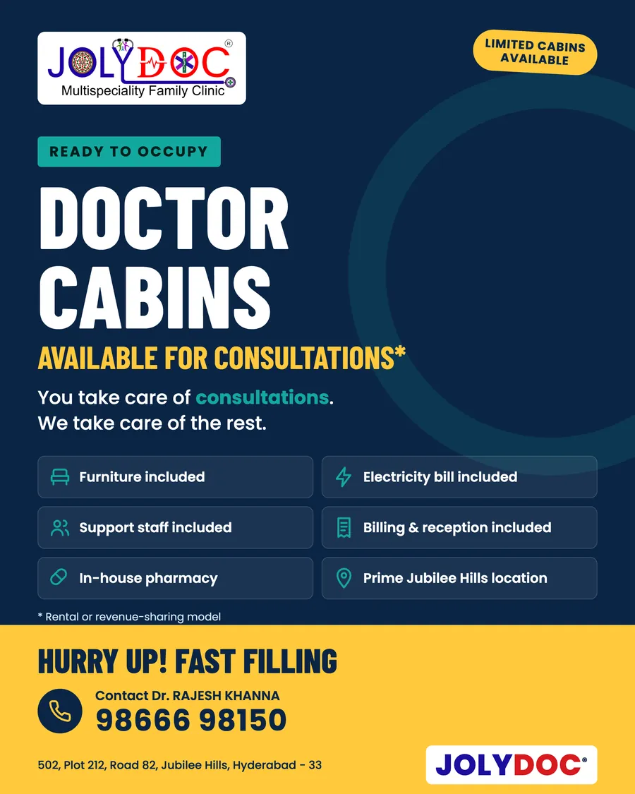 Doctor cabins available for consultations at Jolydoc, Jubilee Hills: furniture, electricity, staff and billing included