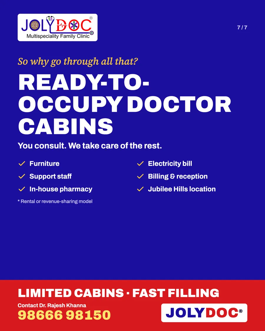 Ready-to-occupy doctor cabins: furniture, electricity, support staff, billing, reception, pharmacy and a Jubilee Hills location